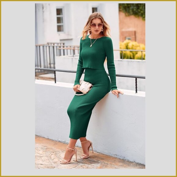 Green Ribbed Knit Sweater Set – Long Sleeve Crop Top + Maxi Skirt | Size M - Picture 6 of 6